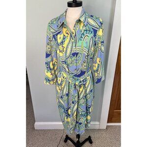 Talbots Button Front MED Ponte Knit Dress Collared Bright Paisley Church Modest